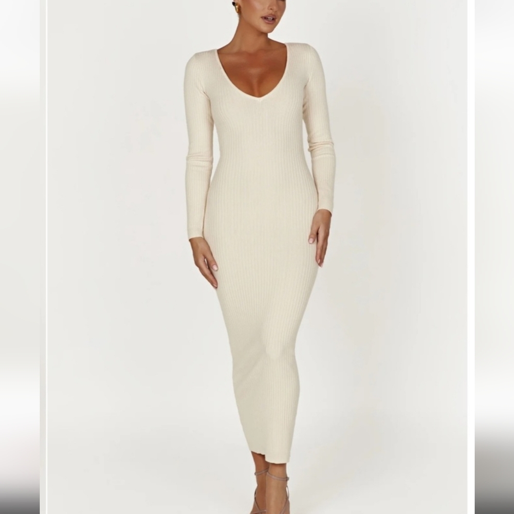 Meshki Ribbed Bodycon Midi Longsleeved Lime Green Dress Size Medium - Picture 3 of 11